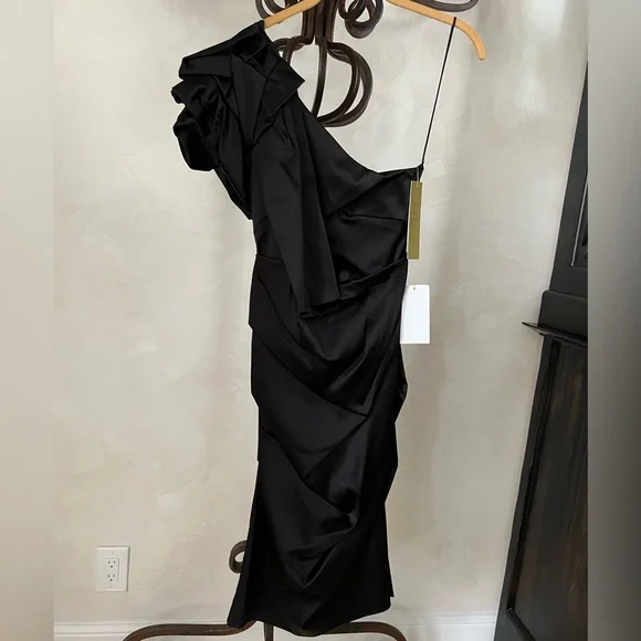Nicole Miller One Shoulder Elegant Black Sheath Midi Cocktail Evening Dress NWT - Picture 4 of 13